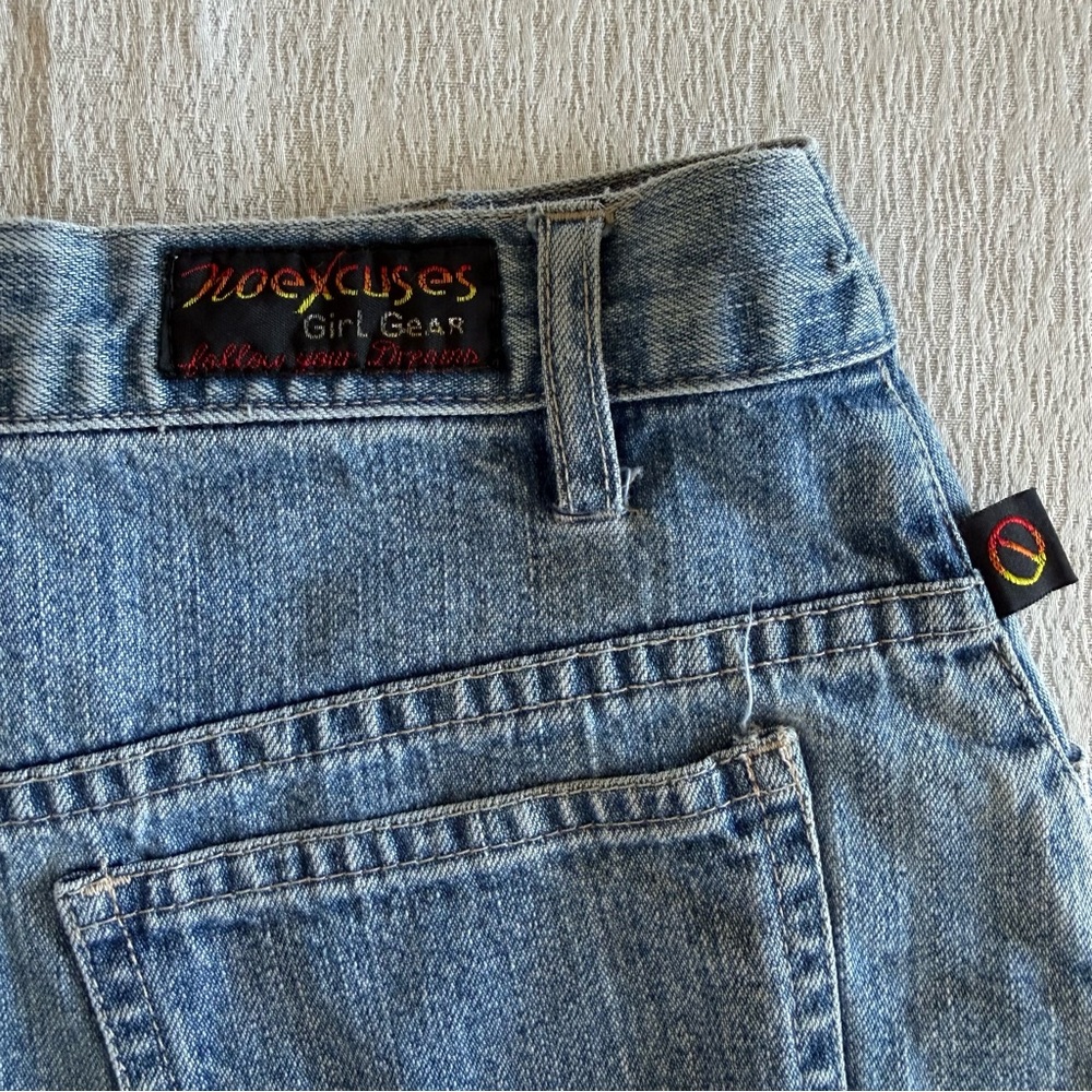 Denim Mini‎ Skirt Tribal Trim Frayed Hem Cotton Blue Size 9/10 - Picture 13 of 15